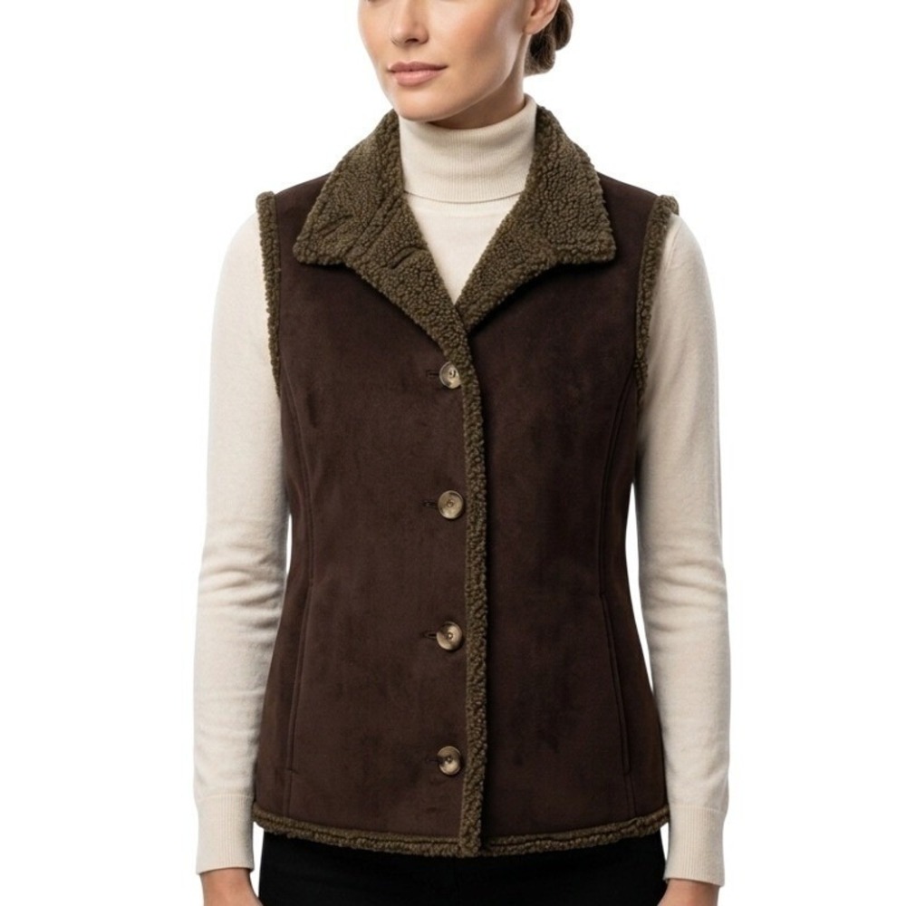 L.L. Bean Vest Womens Medium Brown Sherpa Lined Button Front Outdoor Casual Warm